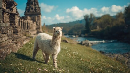 Naklejka premium Joyful alpaca playing on lush green grass beside famous ancient stone structures and river
