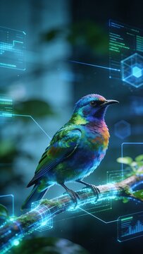 Generative AI depicts a vibrant bird integrated with futuristic digital interfaces