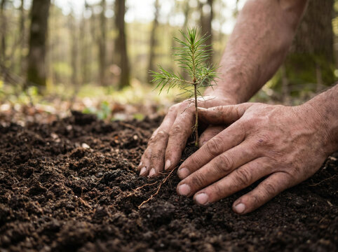 Close-up of hands carefully planting a small coniferous tree seedling in fertile soil for reforestation and ecology