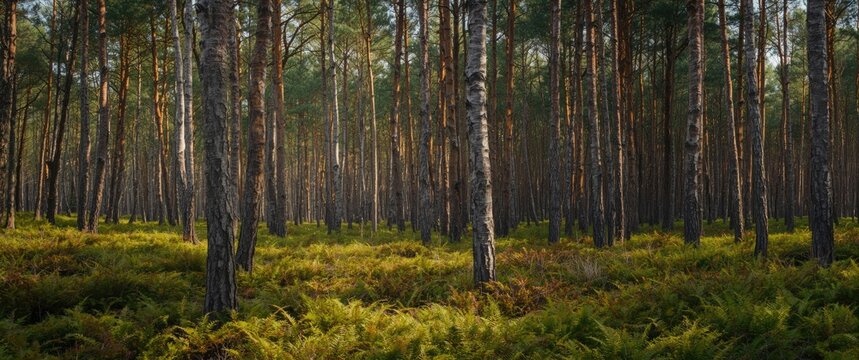 Sweeping forest view highlighting slender textured bark trees and lush bracken vegetation