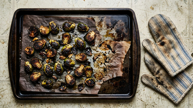 Baking sheet of slightly burnt and charred roasted Brussels sprouts fresh from the oven