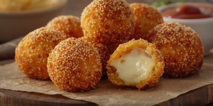 Square banner featuring delicious bitterballen snacks with gooey mozzarella cheese inside and crispy coating