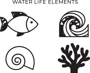 Naklejka premium Marine life elements feature a fish, ocean wave, seashell, and coral depicted as minimalist black graphic icons now.
