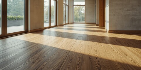Fototapeta premium Interior close up showing three large windows and refined wooden floor