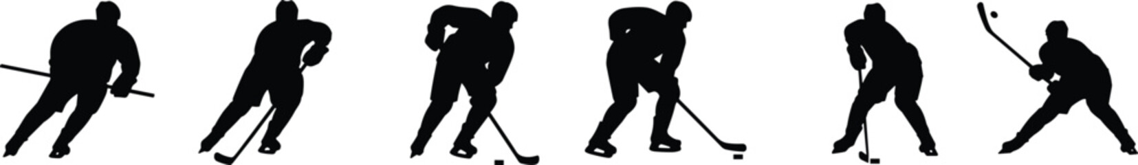 Six black silhouettes of hockey players in dynamic action poses skating handling puck and shooting showing athletic motion and ice sports technique © bipul stok