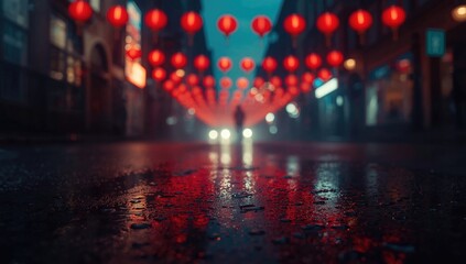 Fototapeta premium Red lanterns and neon light reflections create a moody defocused abstract background on wet street