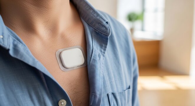 Closeup Adult Person Wearing Medical Sensor Patch on Chest Indoors