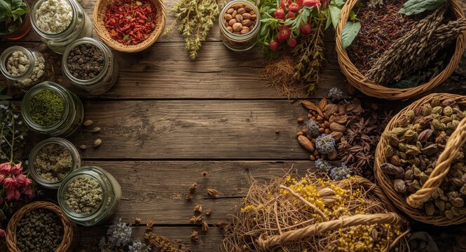 Herbal medicine assortment on rustic wooden table with copy space overhead flat lay
