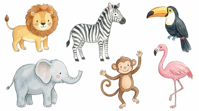 Adorable savanna wildlife bundle showcasing lion, zebra, toucan, elephant, monkey, and flamingo painting. Minimalist naive drawing set with childish artistic aesthetic isolated elements.