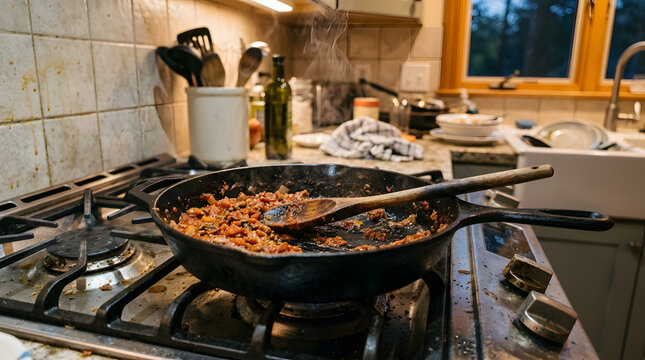 Dirty frying pan with leftover tomato sauce resting on a stovetop after dinner