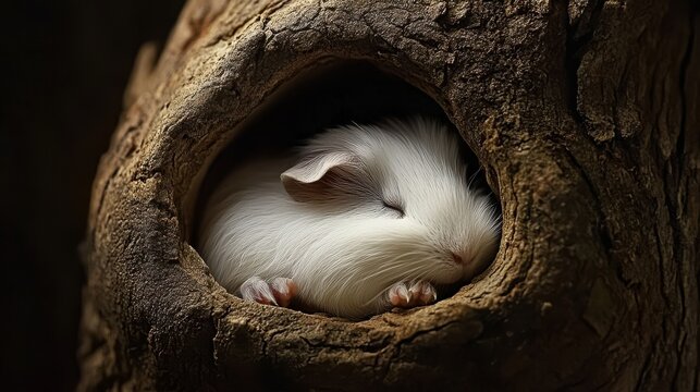 A sleeping guinea pig inside a hollow log for comfort