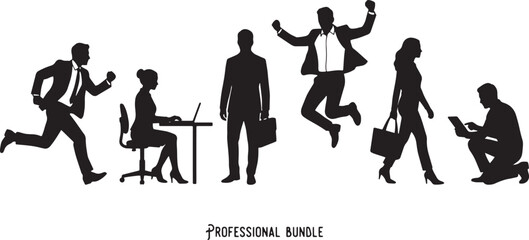 Obraz premium Businessmen and businesswomen are shown in various professional poses, including walking, jumping, sitting, and working.