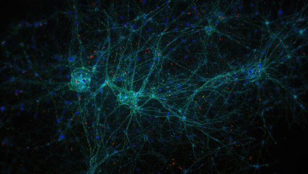Immunofluorescent labeled mouse brain section displaying cerebellar Purkinje cells under confocal laser scanning with copy space