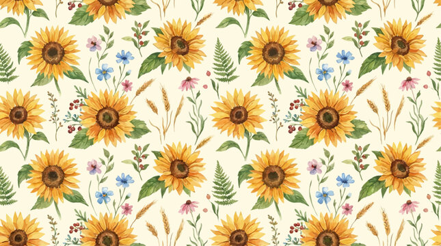 Painted watercolor sunflower seamless pattern featuring yellow bloom and rustic botanical cottagecore elements for charming countryside textile design and background.