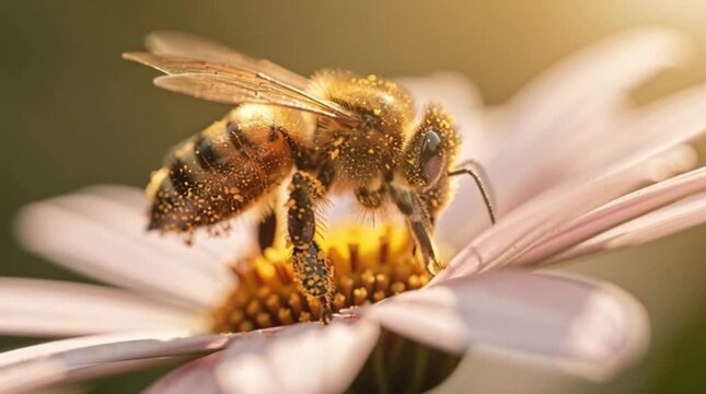 Close-up of a honey bee collecting nectar from a pink aster flower, macro photography, natural light, pollen on bee
