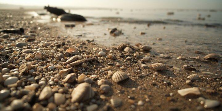 Sandy riverbank adorned with seashells impacted by receding river tide