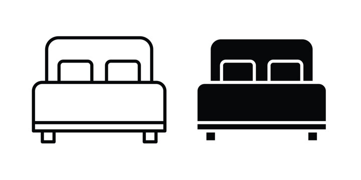 Double bed icon. line and filled black pictograms.