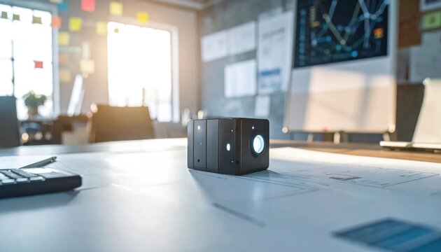 Low-angle view of a small device on a desk with blueprints in a bright office
