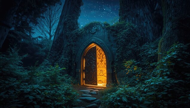High quality artwork showing a fantasy door nestled in woodland with shining stars above