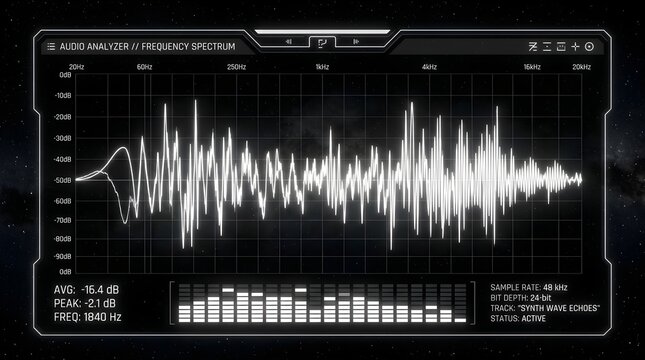 Audio Frequency Spectrum Analysis Graph with Sound Waveform and Signal Processing Metrics Displayed on Black Background