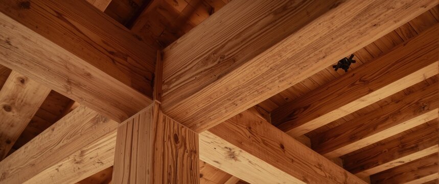 New house structural close up highlighting large glulam timber beam intersecting parallel strand lumber beam with focus on durability