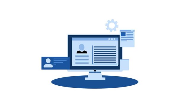Animation of a computer monitor displaying a profile page with user icons and settings gear