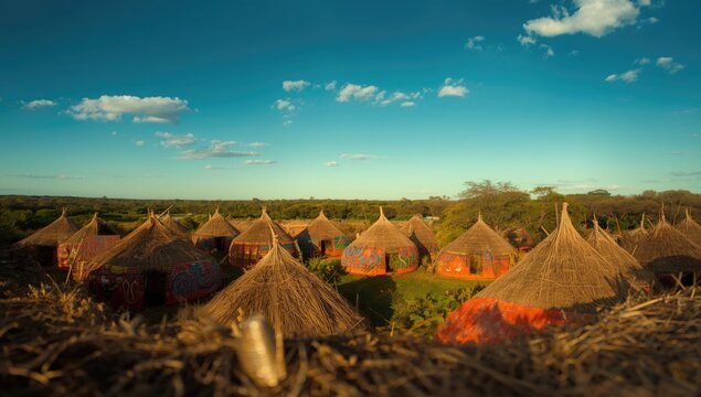 Traditional Ndebele village structures decorated with bright symbolic art