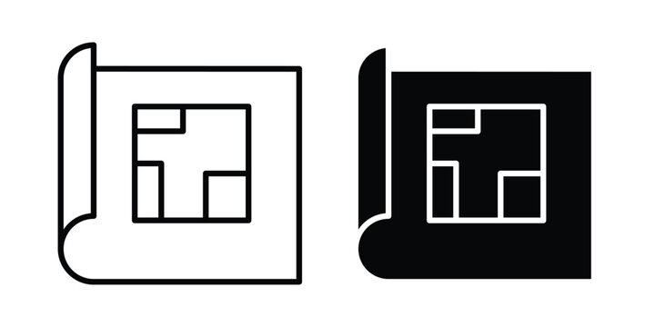 Floor plan icon. line and filled black pictograms.