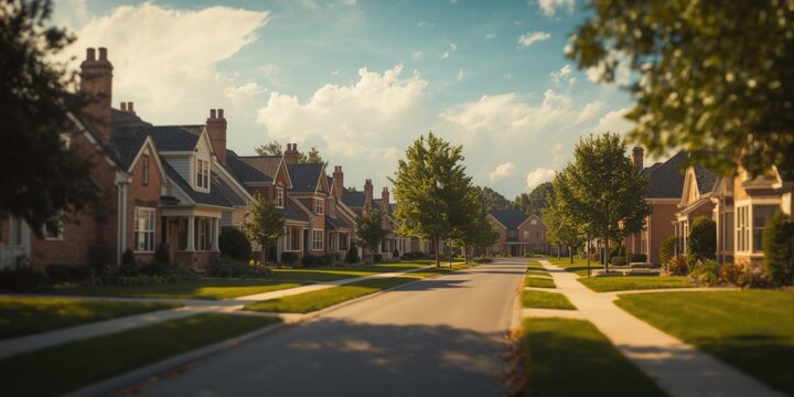 Suburban street lined with cozy family houses and lush front yards