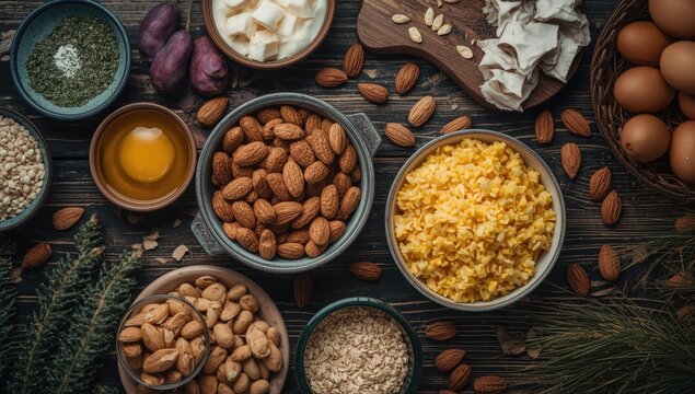 High angle shot of a table covered with various selenium dense foods such as almonds and eggs