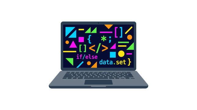 Laptop displaying colorful abstract code symbols and programming elements on screen