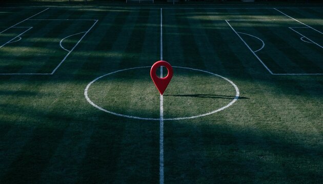 A generic red physical map location pin dropped perfectly on the center spot of a professional soccer field, representing a specific destination, sports venue, or geographic point of interest.