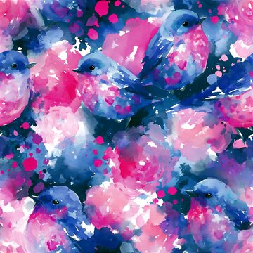 Watercolor Pennsylvania Dutch pattern with blue birds and pink flowers