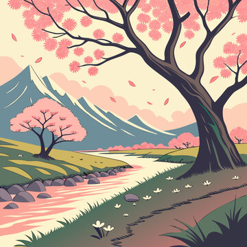 Cherry blossom tree with mountain landscape and stream mountain landscape peaceful tranquil beautiful adventure vacation hideaway sanctuary paradise pastoral countryside suburban