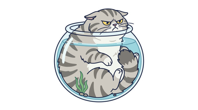 Grumpy Scottish Fold Cat Stuck in Fishbowl with Angry Expression