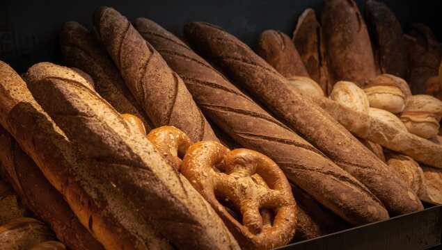 Varied bakery selection with multiple bread types and roll varieties