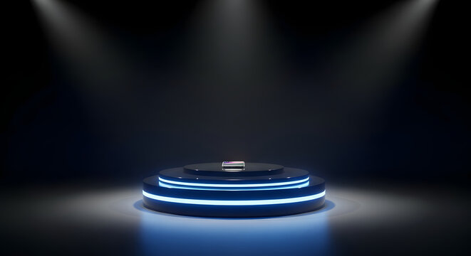 Futuristic Award Stage: A sleek, circular stage with illuminated blue rings and a spotlight on top, perfect for awards ceremonies or presentations.