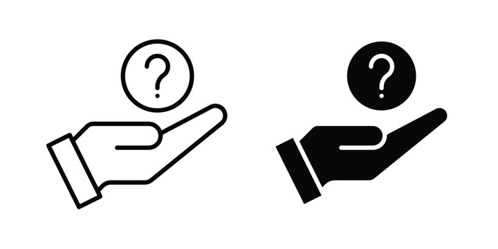 Hand holding question mark icon. line and filled black pictograms.