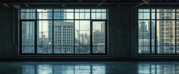 Obraz premium Open loft style office interior with transparent window overlooking urban scene
