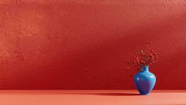 Texture rich red wall with subtle amber and carmine hues complemented by peach flooring and vibrant blue accent decor