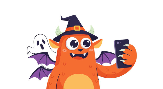 Cute Orange Monster in Witch Hat Taking Selfie with Ghost Friend