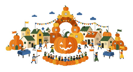 Fototapeta premium Halloween Festival: Pumpkin Arch, Village, People, Music & Celebration