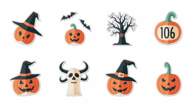 Halloween Stickers Set: Pumpkins, Witch Hats, Bats, Skull, Ghost, Tree