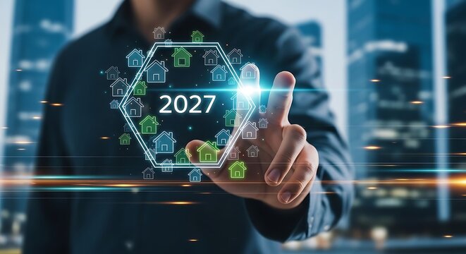 Businessman touching a digital interface with house and the year 2027 for real estate planning and future housing market development concepts