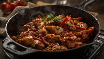 Fototapeta premium Tasty chicken fajitas served sizzling on a vintage cast iron pan with peppers