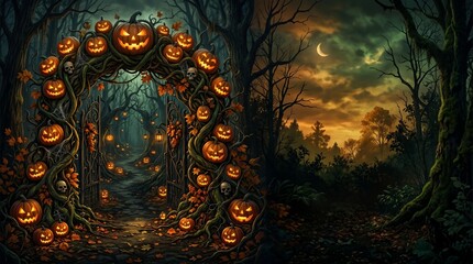 Fototapeta premium Spooky halloween night with glowing jack o lanterns in a dark forest