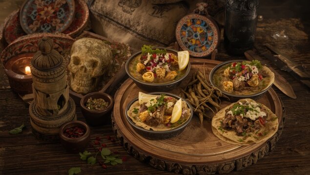Rustic Mexican cuisine with meat sopes and a carved skull decoration on wood