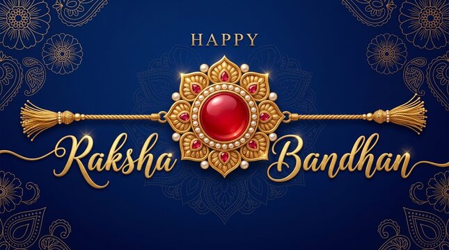 Raksha Bandhan greeting card with luxury gemstone rakhi on royal blue background featuring festive elegance for branding campaigns