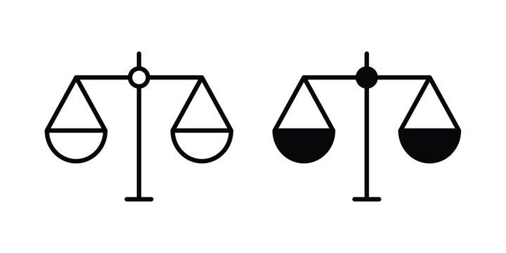 justice balance scale icon. line and filled black pictograms.