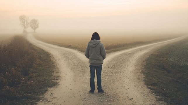 fork. A person at a fork in a road, two paths into a misty morning landscape. wellbeing guides, coaching materials, designed for coaching and self-improvement content, used by architects.